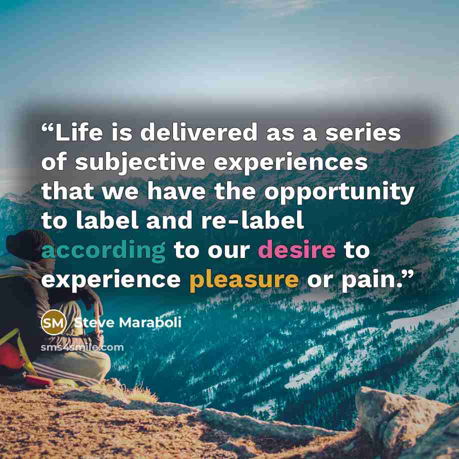 “Life is delivered as a series of subjective experiences that we have the opportunity to label and re-label according to our desire to experience pleasure or pain.” quote by Steve Maraboli