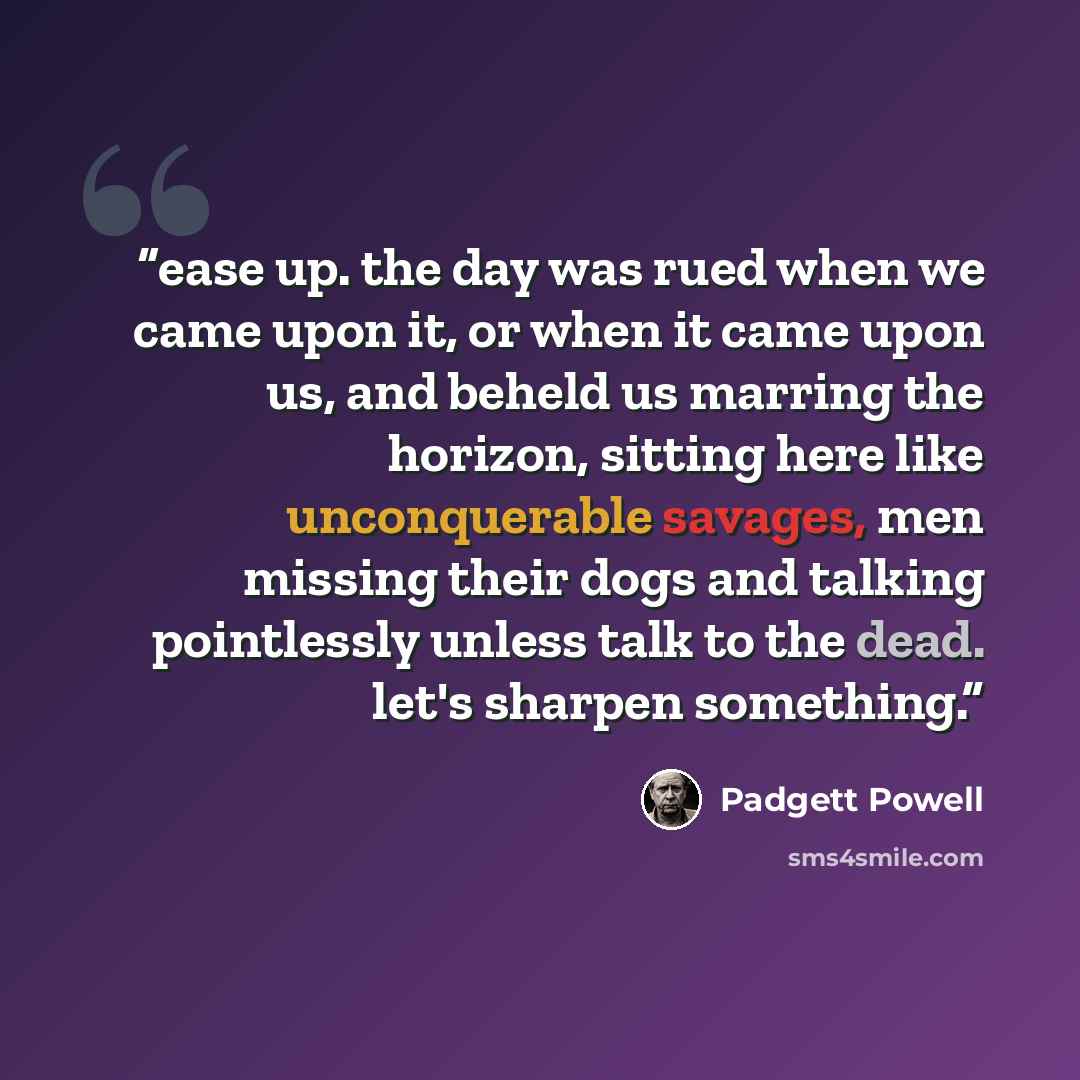 “ease up. the day was rued when we came upon it, or when it came upon us, and beheld us marring the horizon, sitting here like unconquerable savages, men missing their dogs and talking pointlessly unless talk to the dead. let's sharpen something.” quote by Padgett Powell
