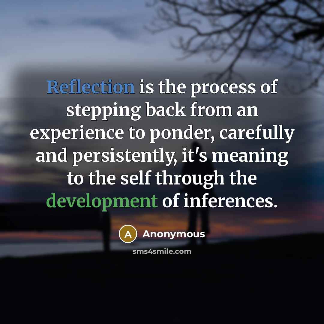 “Reflection is the process of stepping back from an experience to ponder, carefully and persistently, it's meaning to the self through the development of inferences.” quote by Anonymous
