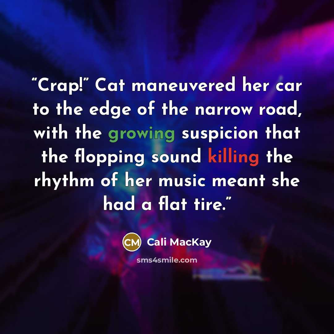 “Crap!” Cat maneuvered her car to the edge of the narrow road, with the growing suspicion that the flopping sound killing the rhythm of her music meant she had a flat tire.” quote by Cali MacKay