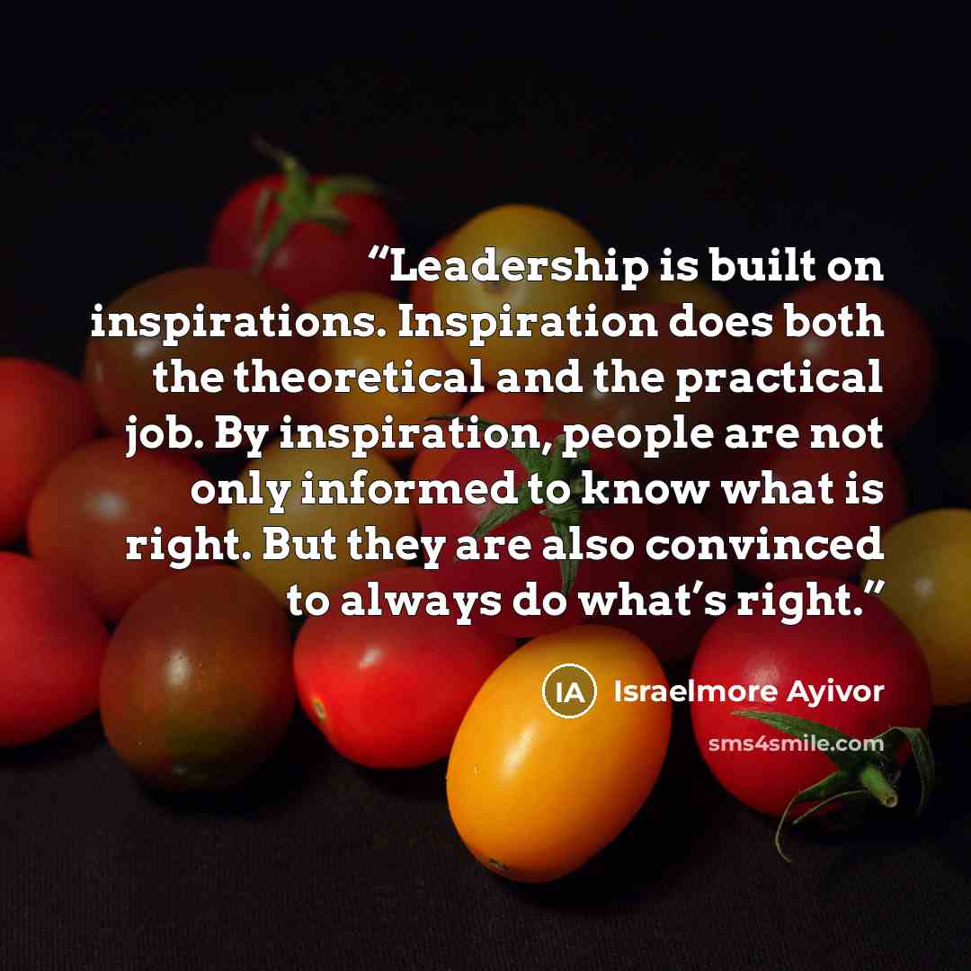 “Leadership is built on inspirations. Inspiration does both the theoretical and the practical job. By inspiration, people are not only informed to know what is right. But they are also convinced to always do what’s right.” quote by Israelmore Ayivor