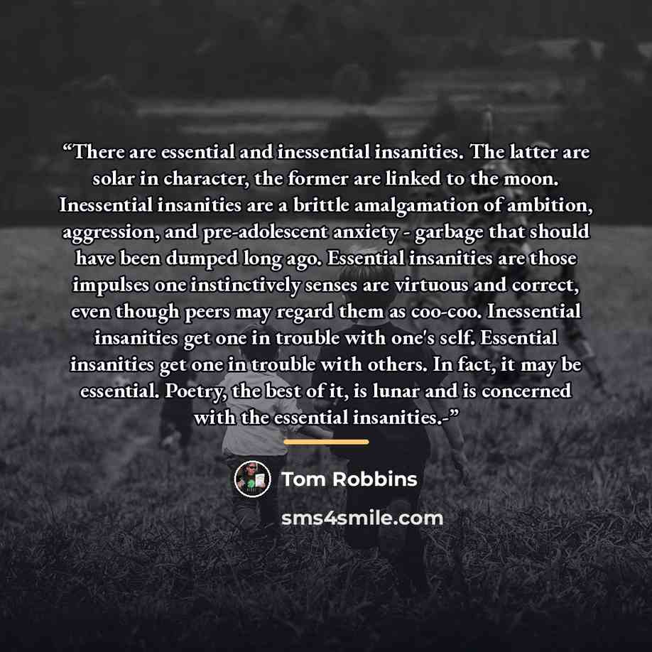 “There are essential and inessential insanities. The latter are solar in character, the former are linked to the moon. Inessential insanities are a brittle amalgamation of ambition, aggression, and pre-adolescent anxiety - garbage that should have been dumped long ago. Essential insanities are…” quote by Tom Robbins