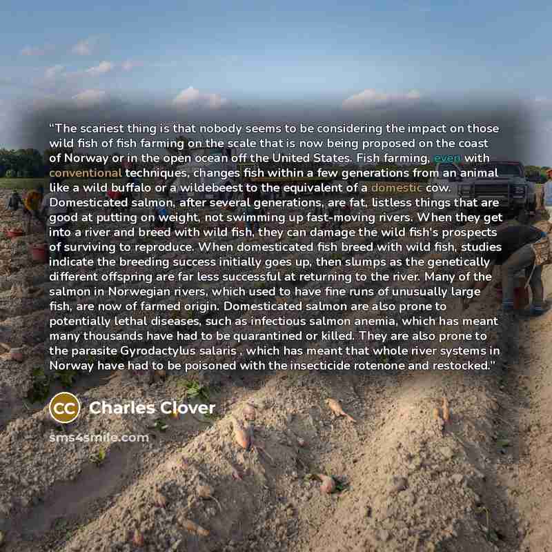 “The scariest thing is that nobody seems to be considering the impact on those wild fish of fish farming on the scale that is now being proposed on the coast of Norway or in the open ocean off the United States. Fish farming, even with conventional techniques, changes fish within a few generations…” quote by Charles Clover