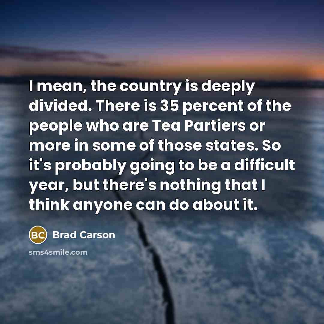 “I mean, the country is deeply divided. There is 35 percent of the people who are Tea Partiers or more in some of those states. So it's probably going to be a difficult year, but there's nothing that I think anyone can do about it.” quote by Brad Carson
