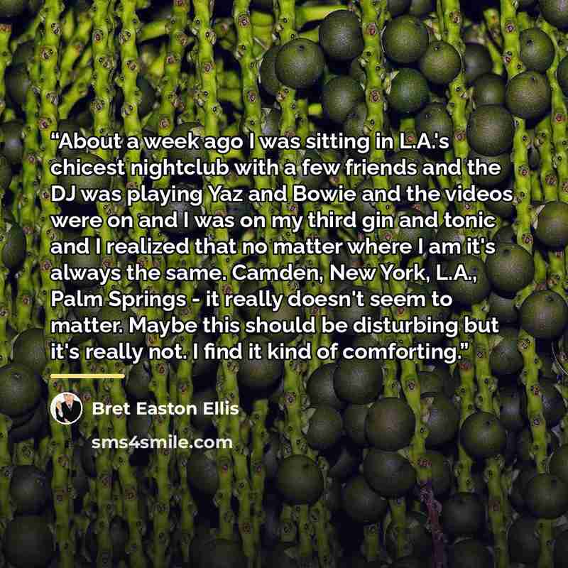 “About a week ago I was sitting in L.A.'s chicest nightclub with a few friends and the DJ was playing Yaz and Bowie and the videos were on and I was on my third gin and tonic and I realized that no matter where I am it's always the same. Camden, New York, L.A., Palm Springs - it really doesn't seem…” quote by Bret Easton Ellis