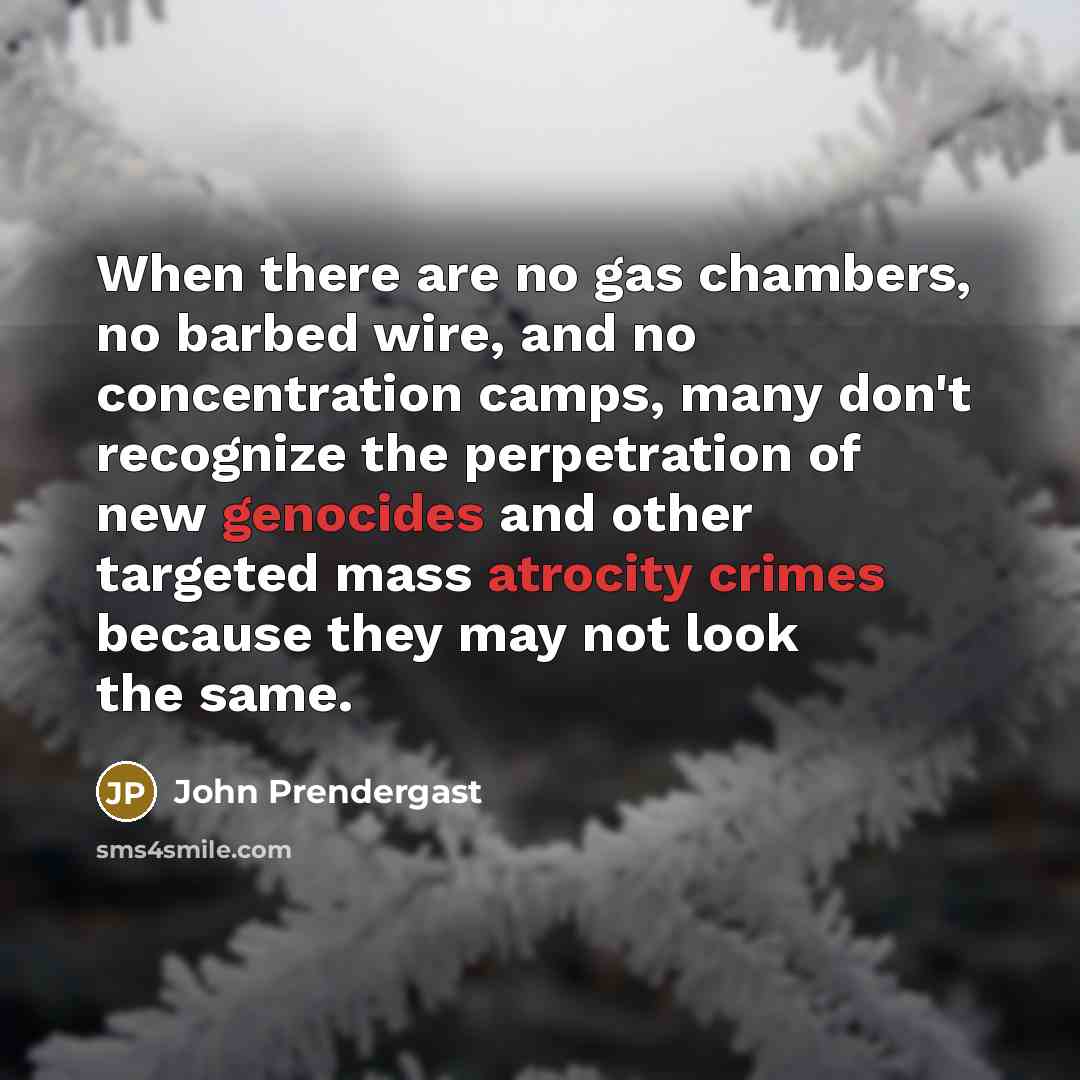 “When there are no gas chambers, no barbed wire, and no concentration camps, many don't recognize the perpetration of new genocides and other targeted mass atrocity crimes because they may not look the same.” quote by John Prendergast