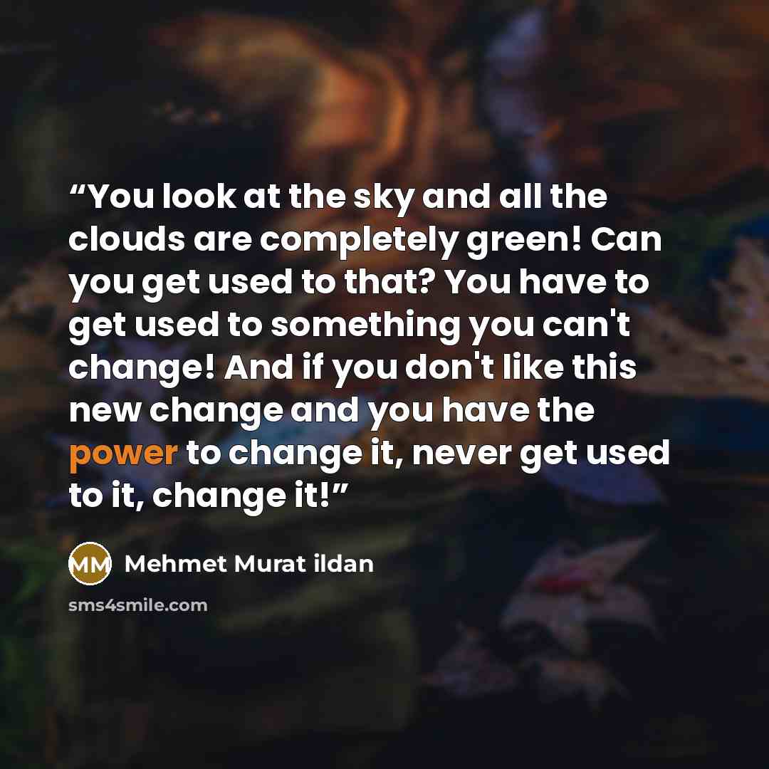 “You look at the sky and all the clouds are completely green! Can you get used to that? You have to get used to something you can't change! And if you don't like this new change and you have the power to change it, never get used to it, change it!” quote by Mehmet Murat ildan