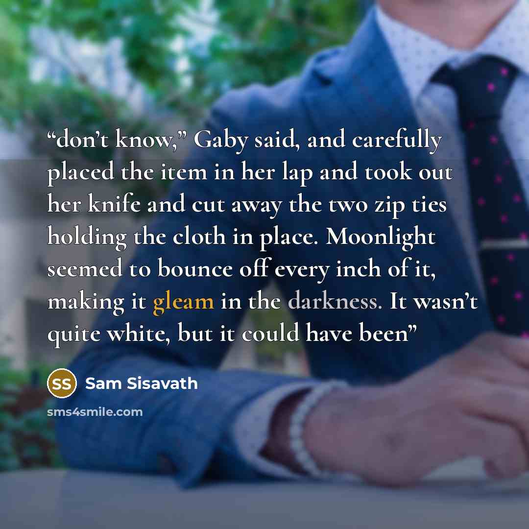 “don’t know,” Gaby said, and carefully placed the item in her lap and took out her knife and cut away the two zip ties holding the cloth in place. Moonlight seemed to bounce off every inch of it, making it gleam in the darkness. It wasn’t quite white, but it could have been” quote by Sam Sisavath