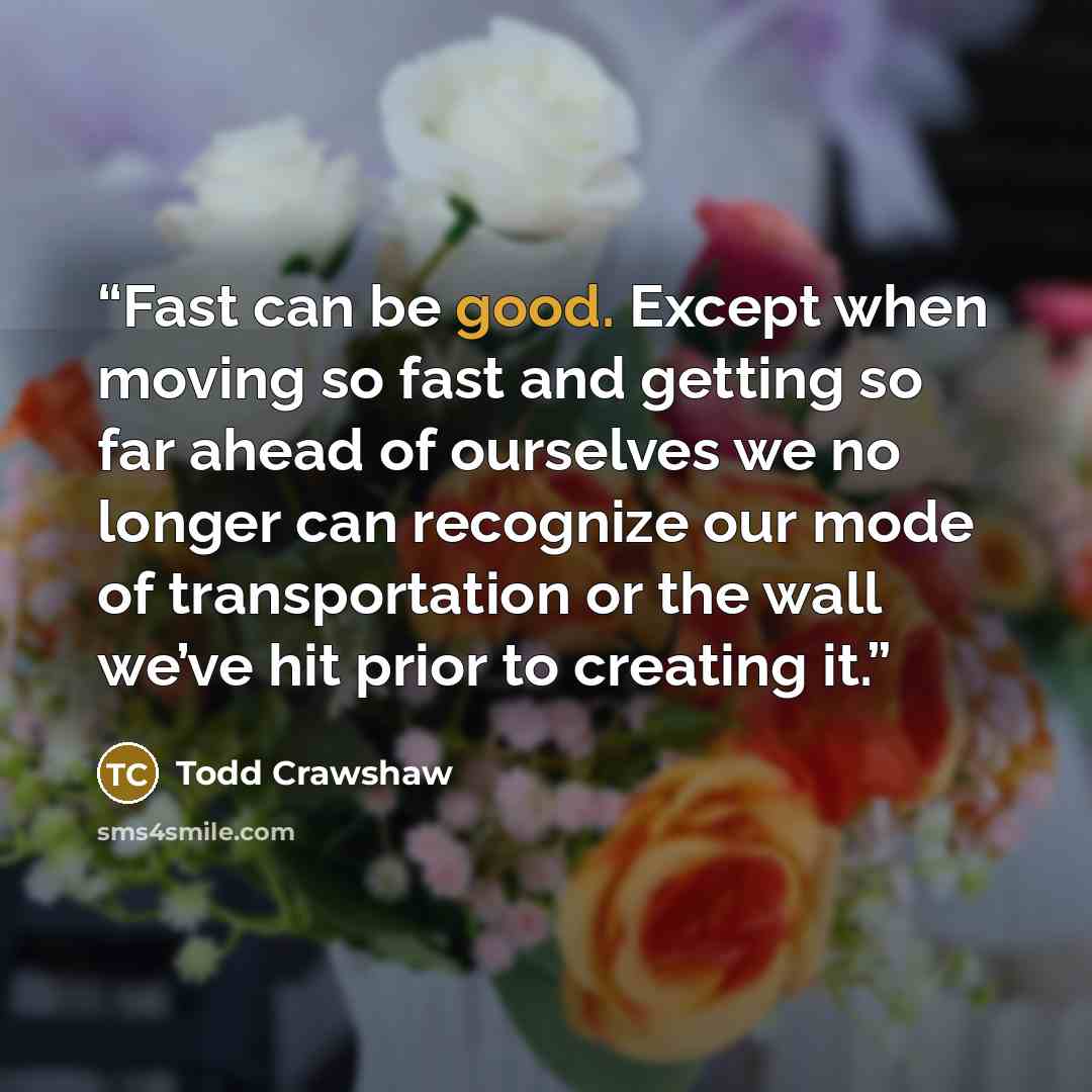 “Fast can be good. Except when moving so fast and getting so far ahead of ourselves we no longer can recognize our mode of transportation or the wall we’ve hit prior to creating it.” quote by Todd Crawshaw