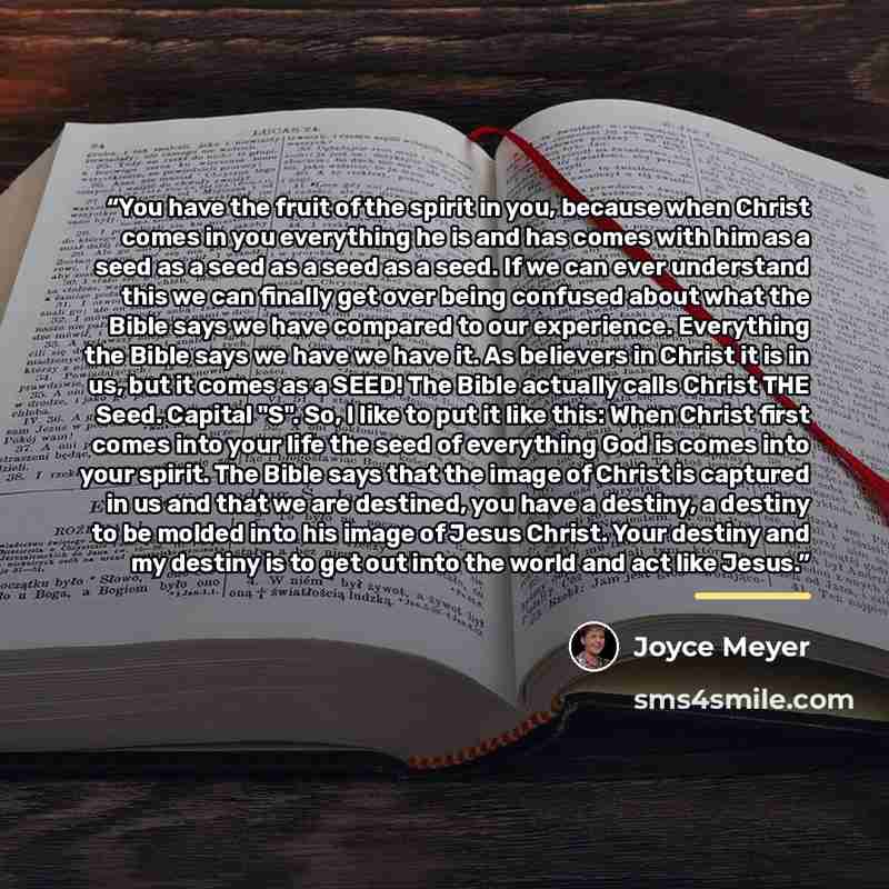 “You have the fruit of the spirit in you, because when Christ comes in you everything he is and has comes with him as a seed as a seed as a seed as a seed. If we can ever understand this we can finally get over being confused about what the Bible says we have compared to our experience. Everything…” quote by Joyce Meyer