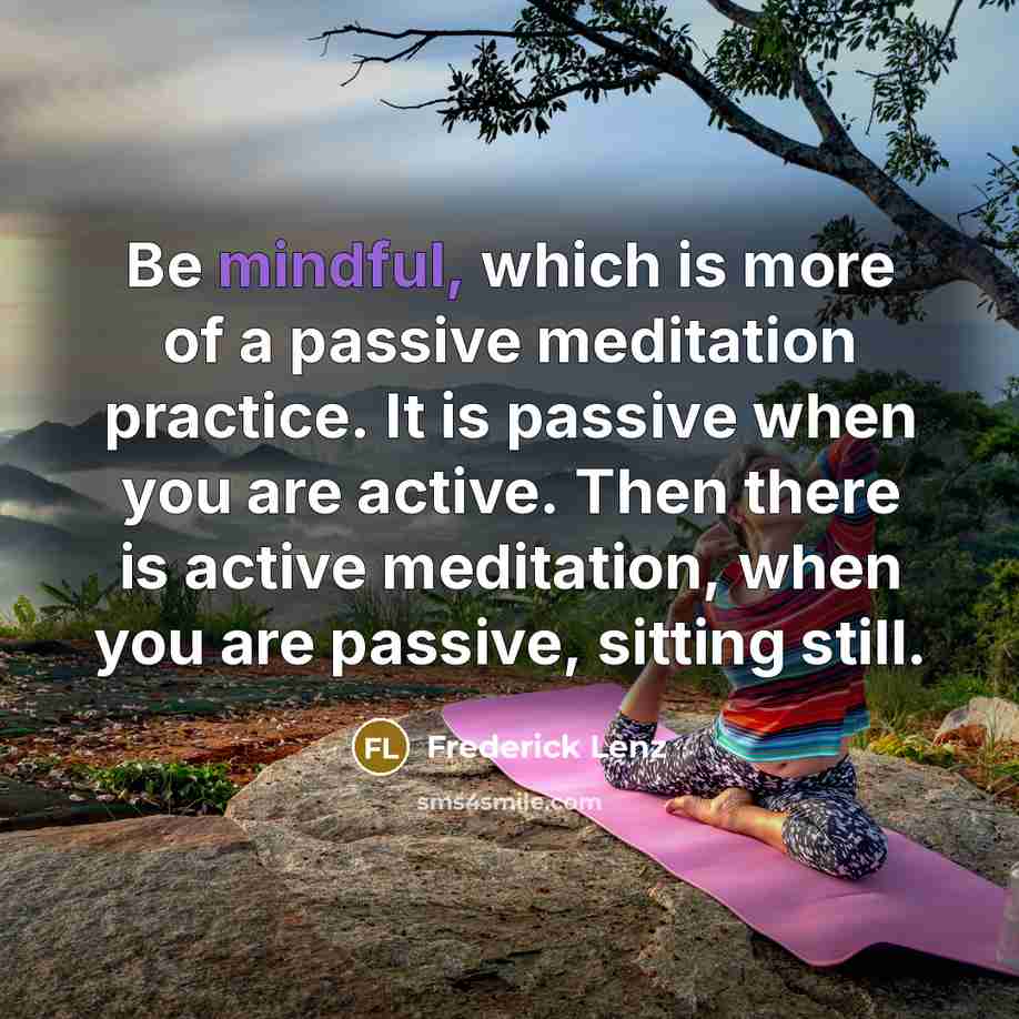 “Be mindful, which is more of a passive meditation practice. It is passive when you are active. Then there is active meditation, when you are passive, sitting still.” quote by Frederick Lenz