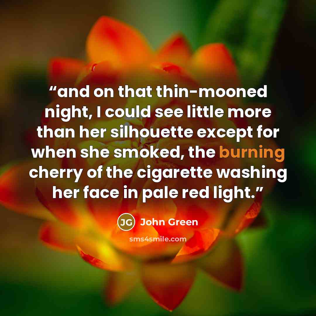 “and on that thin-mooned night, I could see little more than her silhouette except for when she smoked, the burning cherry of the cigarette washing her face in pale red light.” quote by John Green