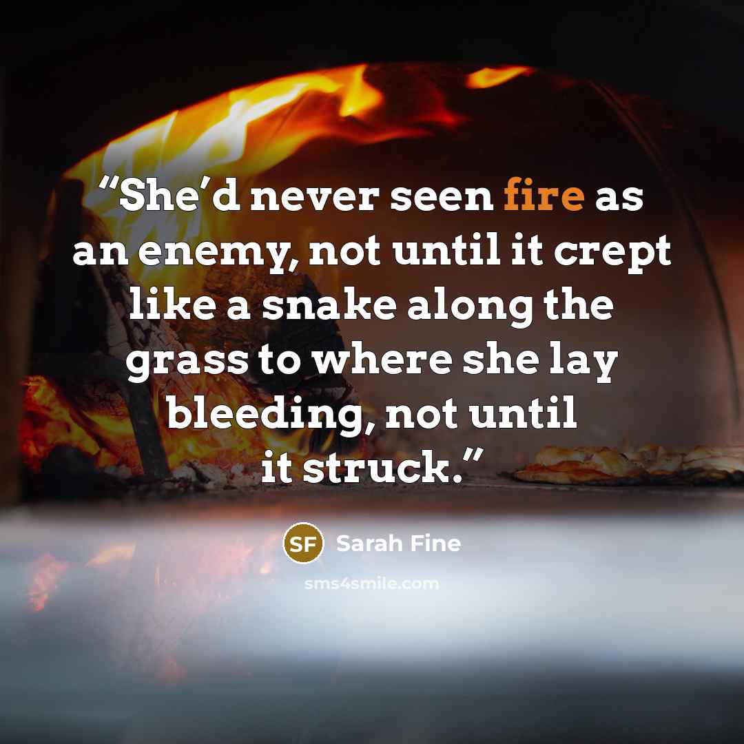 “She’d never seen fire as an enemy, not until it crept like a snake along the grass to where she lay bleeding, not until it struck.” quote by Sarah Fine