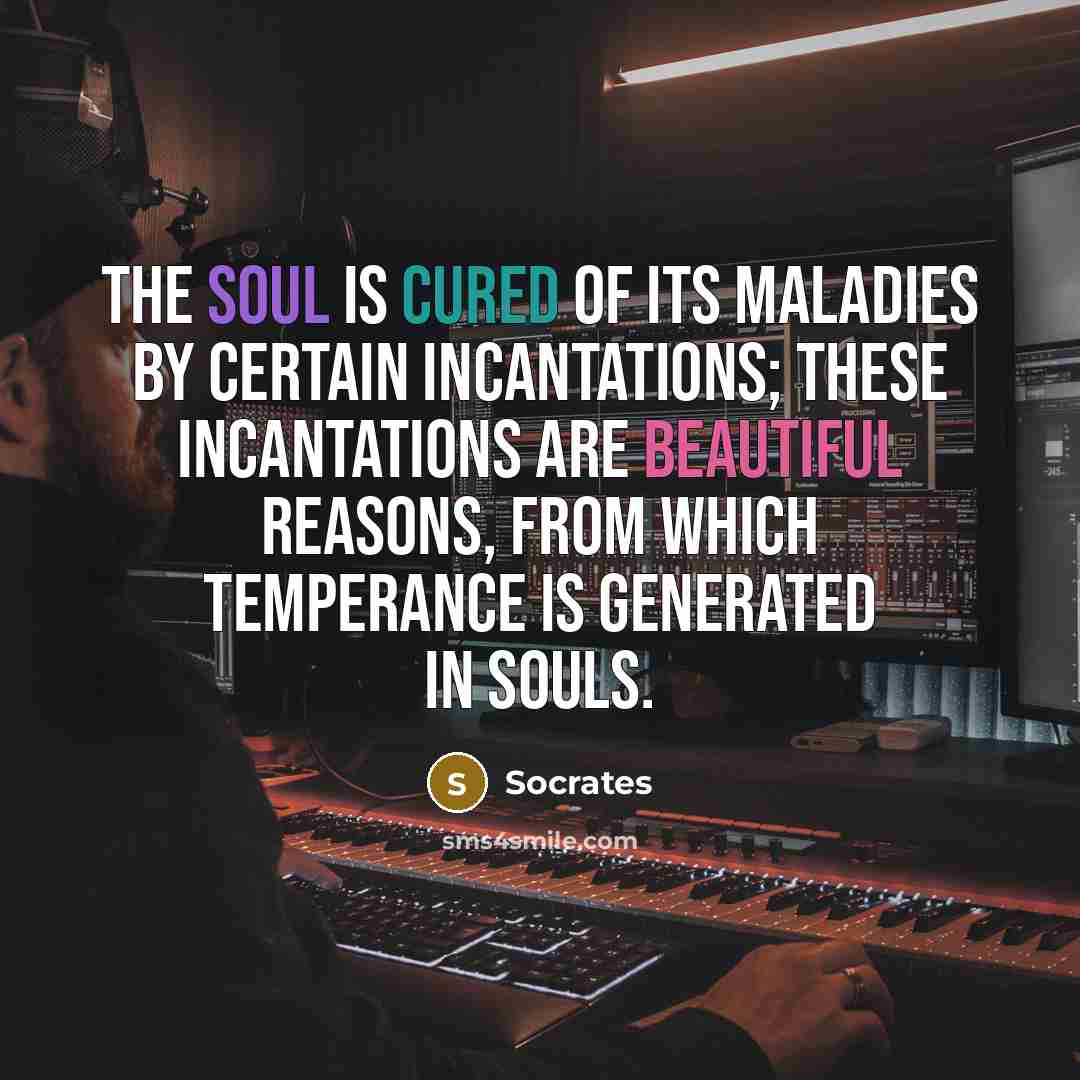 “The soul is cured of its maladies by certain incantations; these incantations are beautiful reasons, from which temperance is generated in souls.” quote by Socrates