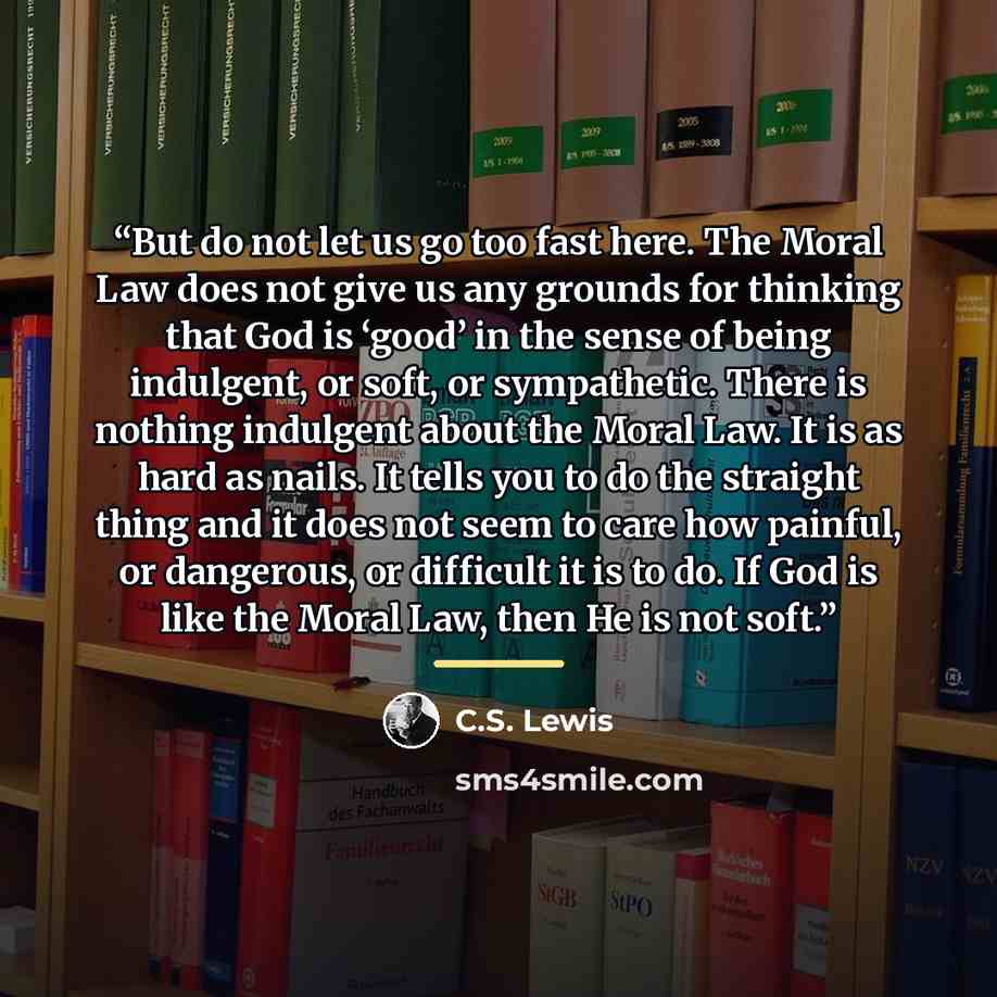 “But do not let us go too fast here. The Moral Law does not give us any grounds for thinking that God is ‘good’ in the sense of being indulgent, or soft, or sympathetic. There is nothing indulgent about the Moral Law. It is as hard as nails. It tells you to do the straight thing and it does not…” quote by C.S. Lewis