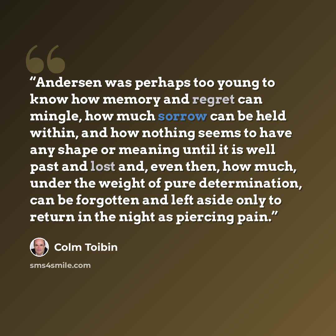 “Andersen was perhaps too young to know how memory and regret can mingle, how much sorrow can be held within, and how nothing seems to have any shape or meaning until it is well past and lost and, even then, how much, under the weight of pure determination, can be forgotten and left aside only to…” quote by Colm Tóibín