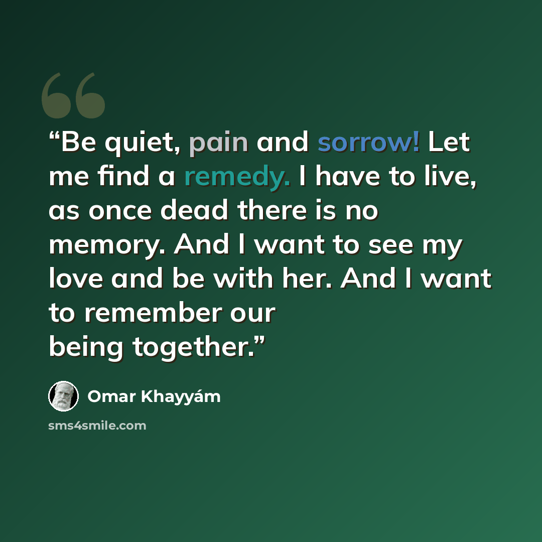 “Be quiet, pain and sorrow! Let me find a remedy. I have to live, as once dead there is no memory. And I want to see my love and be with her. And I want to remember our being together.” quote by Omar Khayyám