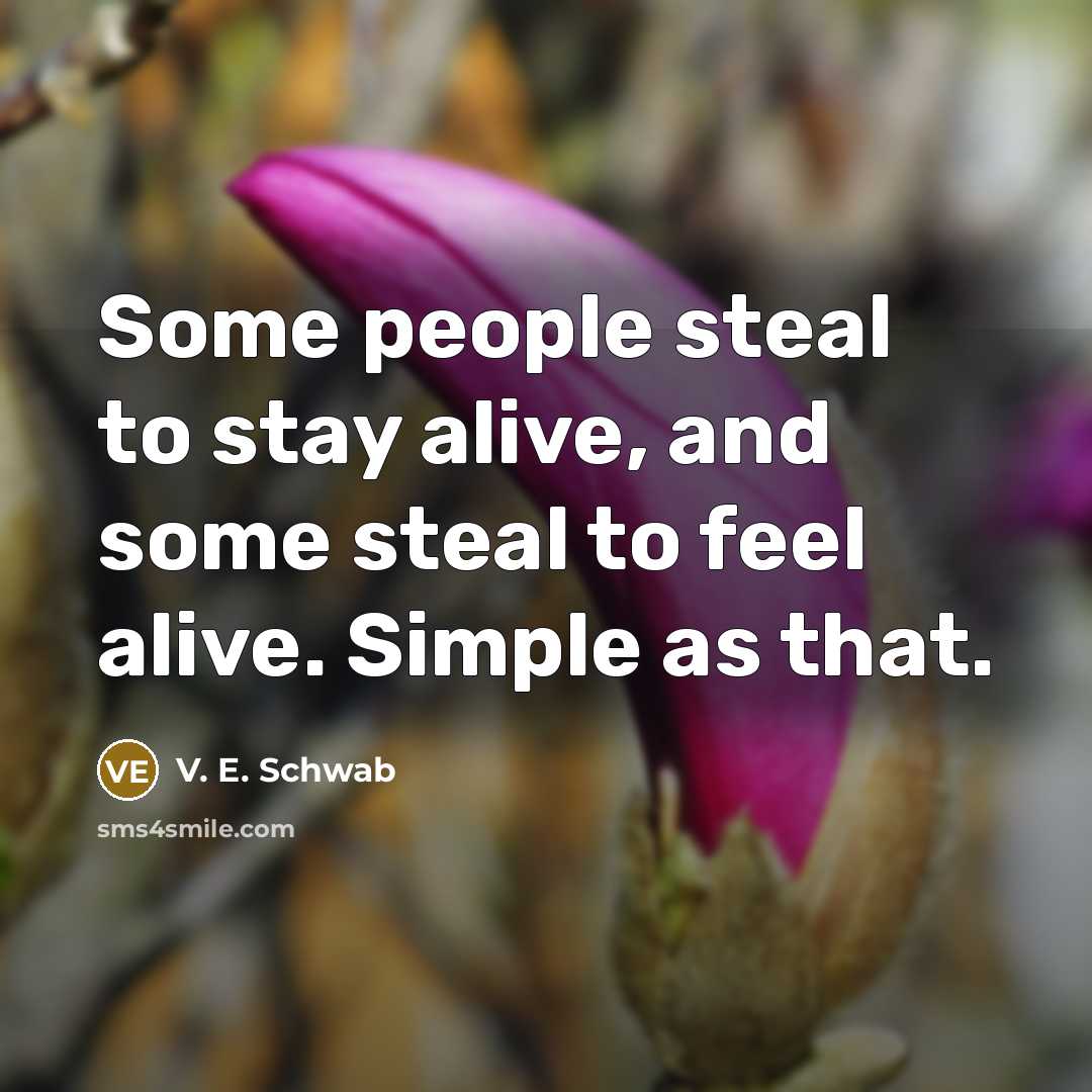 “Some people steal to stay alive, and some steal to feel alive. Simple as that.” quote by V. E. Schwab