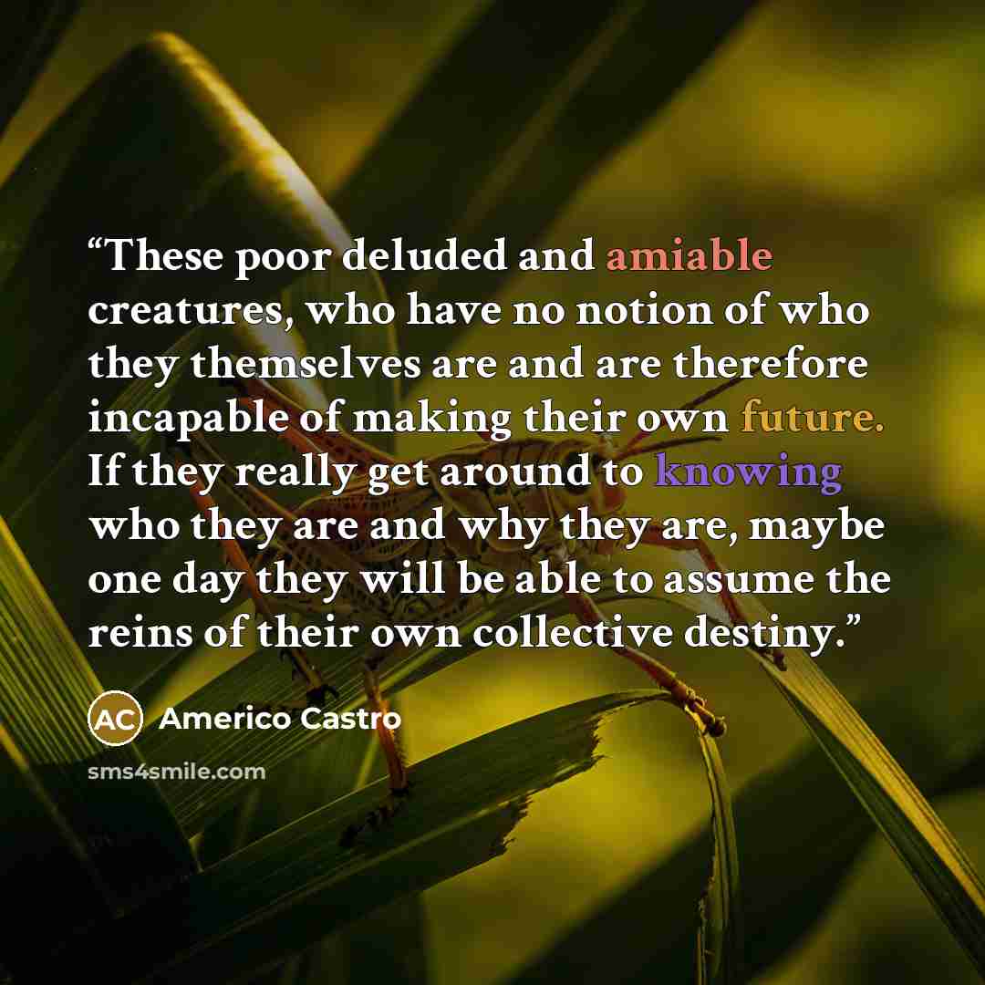 “These poor deluded and amiable creatures, who have no notion of who they themselves are and are therefore incapable of making their own future. If they really get around to knowing who they are and why they are, maybe one day they will be able to assume the reins of their own collective destiny.” quote by Américo Castro