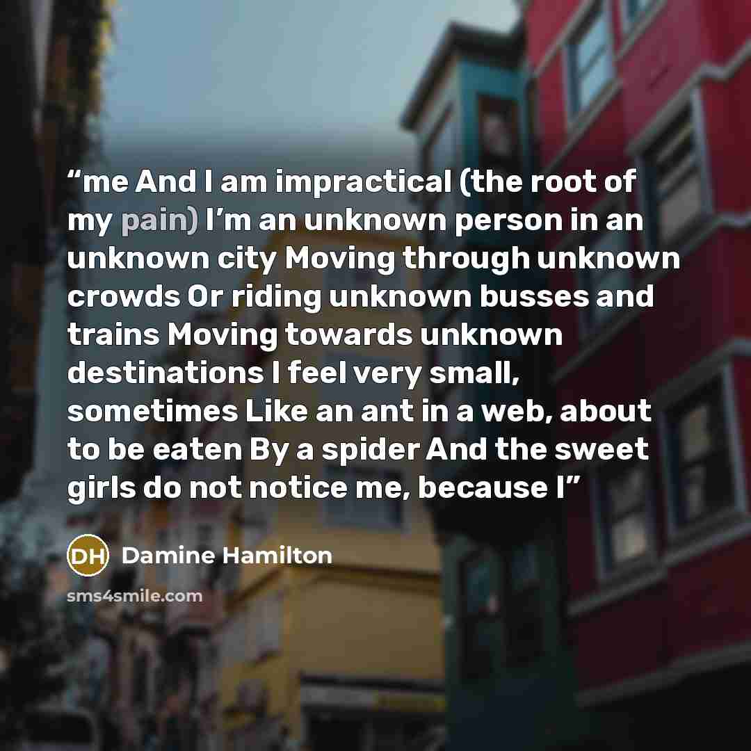 “me And I am impractical (the root of my pain) I’m an unknown person in an unknown city Moving through unknown crowds Or riding unknown busses and trains Moving towards unknown destinations I feel very small, sometimes Like an ant in a web, about to be eaten By a spider And the sweet girls do not…” quote by Damine Hamilton