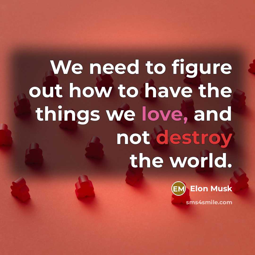 “We need to figure out how to have the things we love, and not destroy the world.” quote by Elon Musk