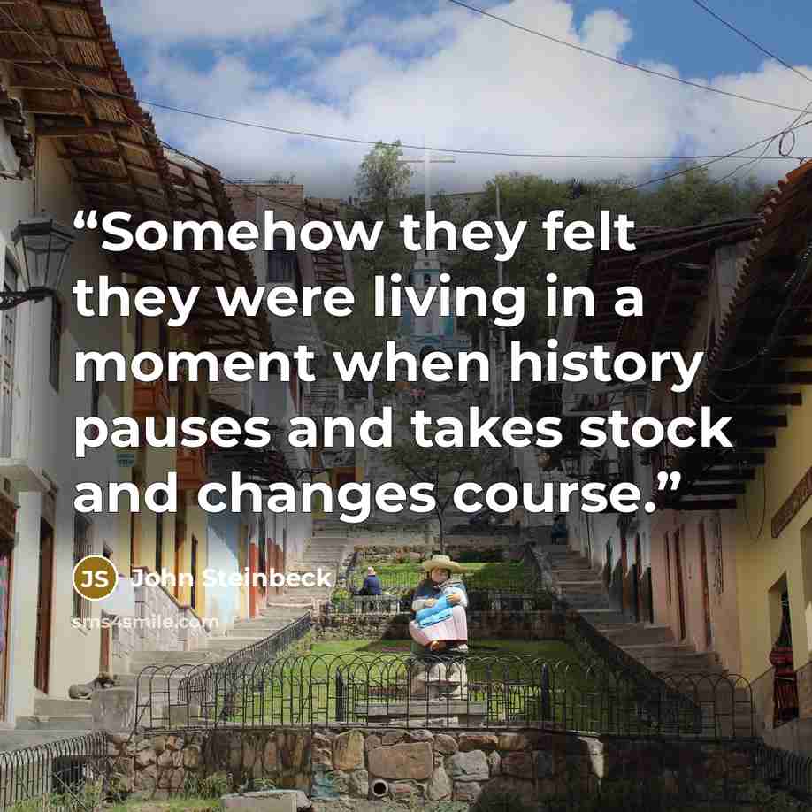 “Somehow they felt they were living in a moment when history pauses and takes stock and changes course.” quote by John Steinbeck