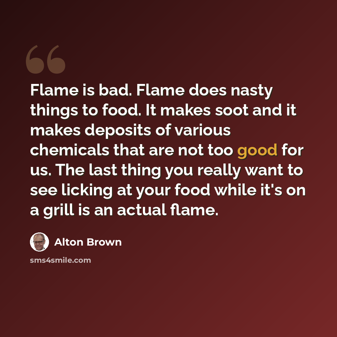 “Flame is bad. Flame does nasty things to food. It makes soot and it makes deposits of various chemicals that are not too good for us. The last thing you really want to see licking at your food while it's on a grill is an actual flame.” quote by Alton Brown