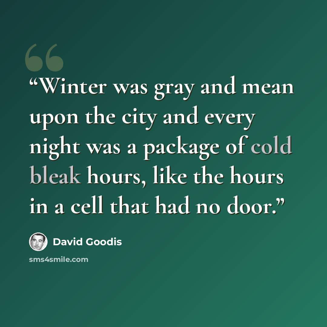 “Winter was gray and mean upon the city and every night was a package of cold bleak hours, like the hours in a cell that had no door.” quote by David Goodis