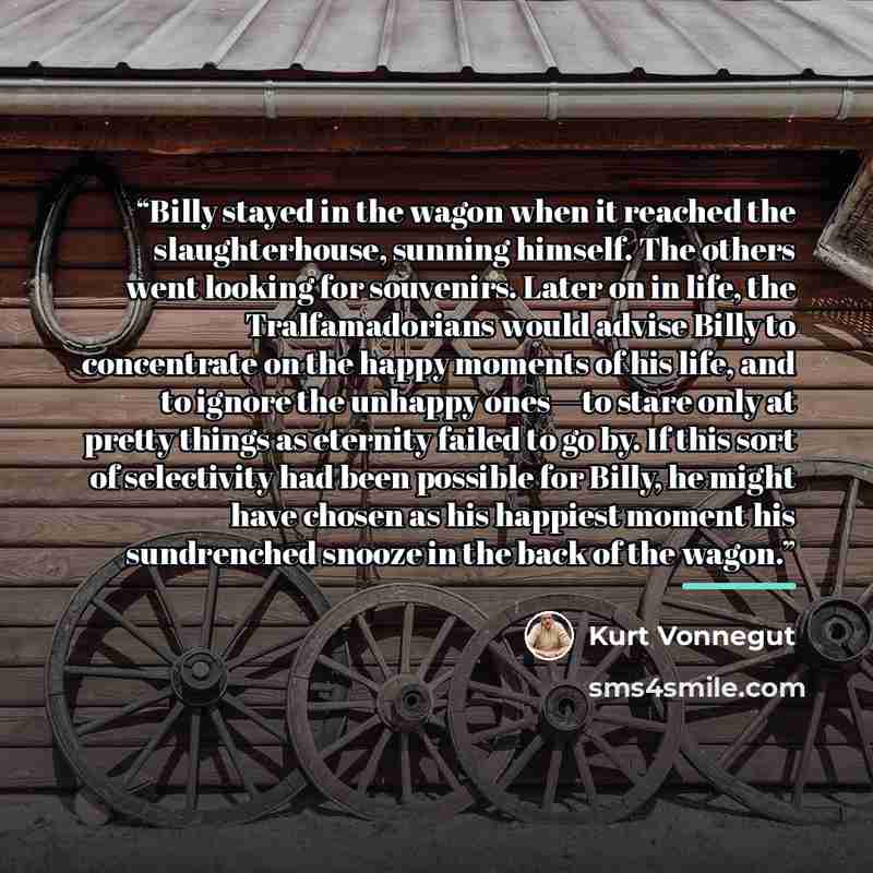 “Billy stayed in the wagon when it reached the slaughterhouse, sunning himself. The others went looking for souvenirs. Later on in life, the Tralfamadorians would advise Billy to concentrate on the happy moments of his life, and to ignore the unhappy ones—to stare only at pretty things as eternity…” quote by Kurt Vonnegut