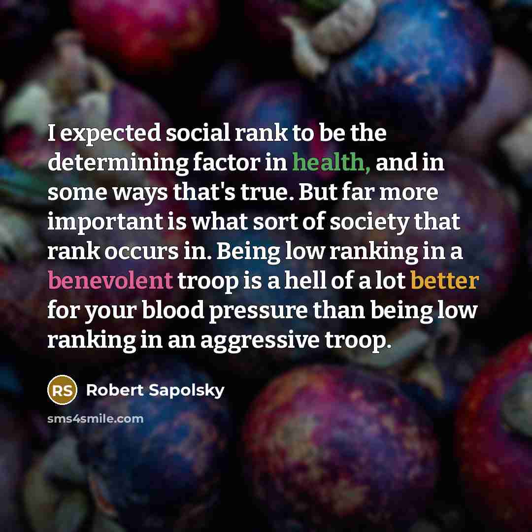 “I expected social rank to be the determining factor in health, and in some ways that's true. But far more important is what sort of society that rank occurs in. Being low ranking in a benevolent troop is a hell of a lot better for your blood pressure than being low ranking in an aggressive troop.” quote by Robert Sapolsky