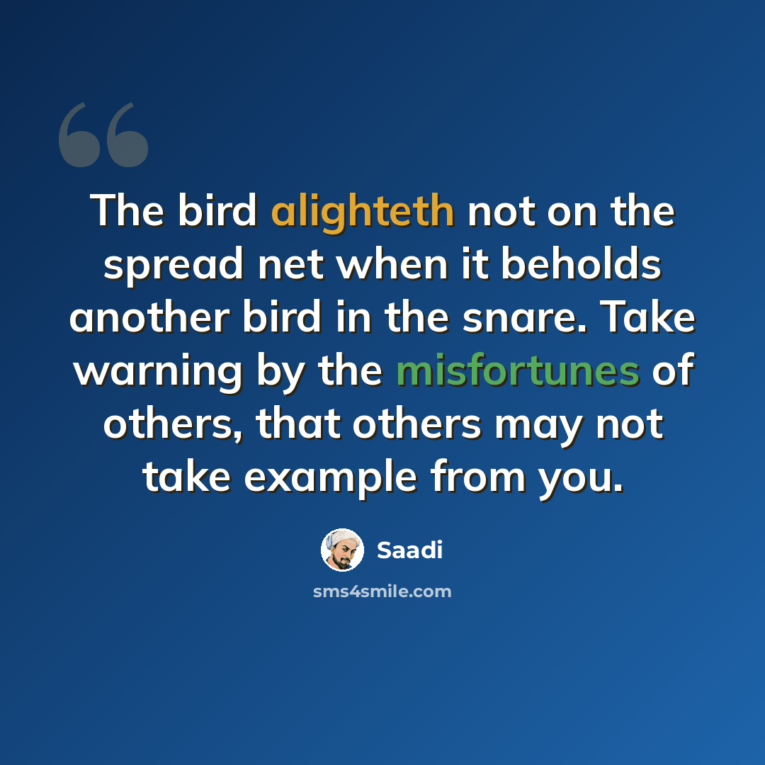 “The bird alighteth not on the spread net when it beholds another bird in the snare. Take warning by the misfortunes of others, that others may not take example from you.” quote by Saadi
