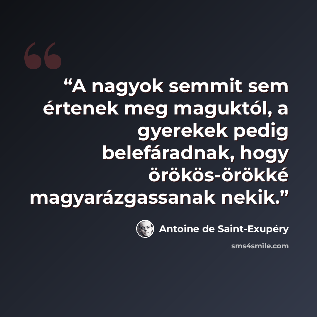 “A nagyok semmit sem értenek meg maguktól, a gyerekek pedig belefáradnak, hogy örökös-örökké magyarázgassanak nekik.” quote by Antoine de Saint-Exupéry