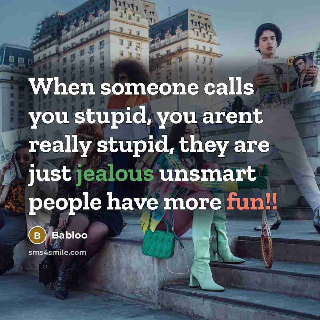 “When someone calls you stupid, you arent really stupid, they are just jealous unsmart people have more fun!!” quote by Babloo