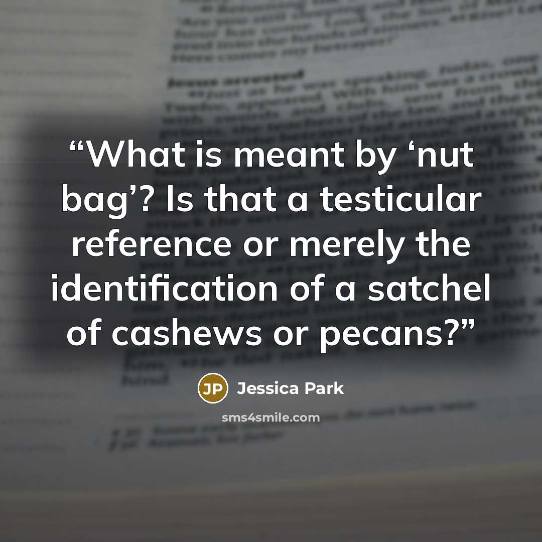 “What is meant by ‘nut bag’? Is that a testicular reference or merely the identification of a satchel of cashews or pecans?” quote by Jessica Park