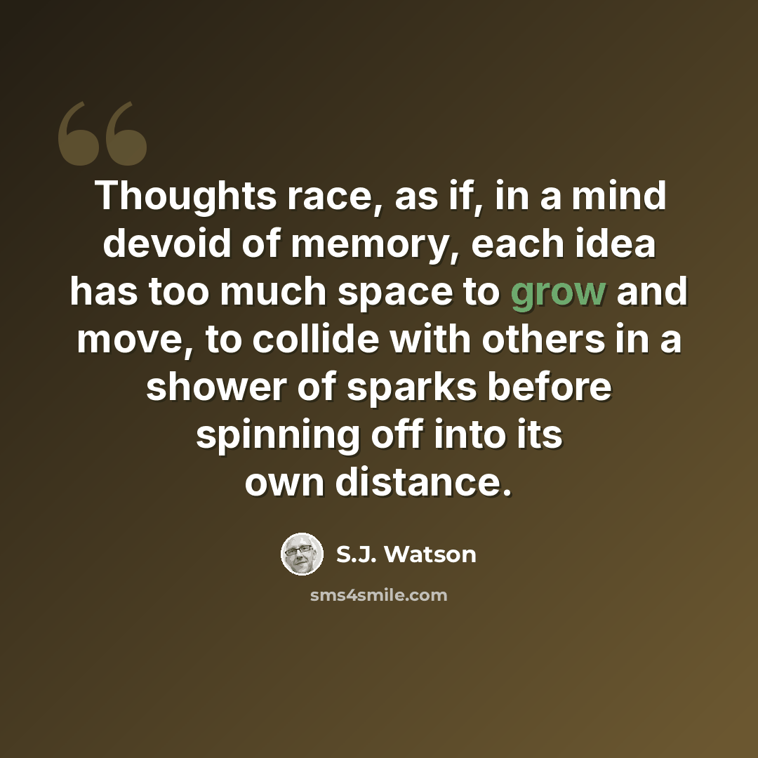 “Thoughts race, as if, in a mind devoid of memory, each idea has too much space to grow and move, to collide with others in a shower of sparks before spinning off into its own distance.” quote by S.J. Watson
