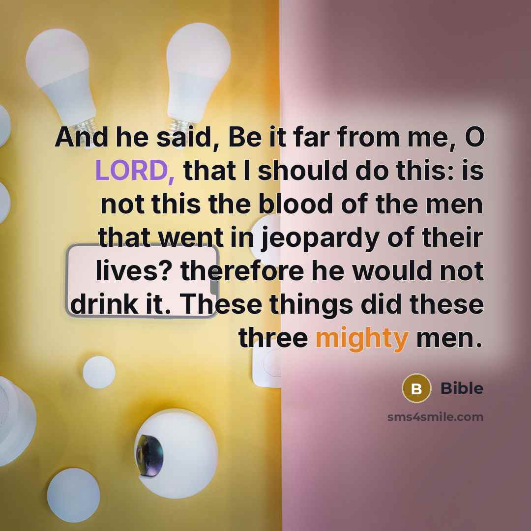 “And he said, Be it far from me, O LORD, that I should do this: is not this the blood of the men that went in jeopardy of their lives? therefore he would not drink it. These things did these three mighty men.” quote by Bible