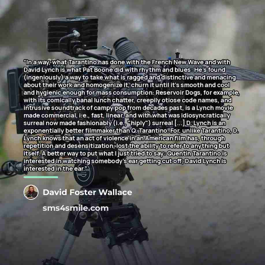“In a way, what Tarantino has done with the French New Wave and with David Lynch is what Pat Boone did with rhythm and blues: He's found (ingeniously) a way to take what is ragged and distinctive and menacing about their work and homogenize it, churn it until it's smooth and cool and hygienic…” quote by David Foster Wallace
