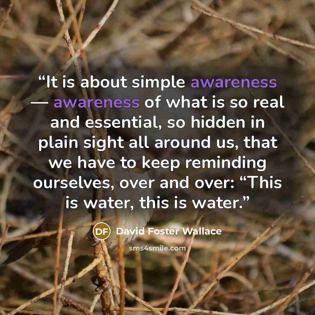 “It is about simple awareness — awareness of what is so real and essential, so hidden in plain sight all around us, that we have to keep reminding ourselves, over and over: “This is water, this is water.” quote by David Foster Wallace