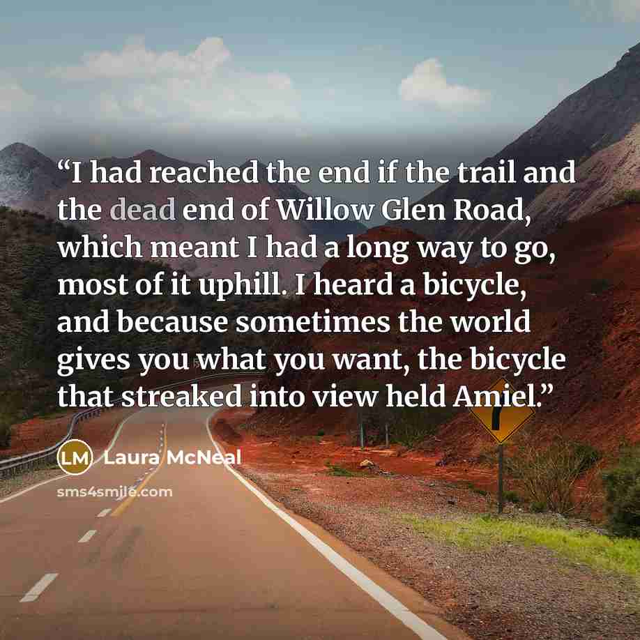 “I had reached the end if the trail and the dead end of Willow Glen Road, which meant I had a long way to go, most of it uphill. I heard a bicycle, and because sometimes the world gives you what you want, the bicycle that streaked into view held Amiel.” quote by Laura McNeal