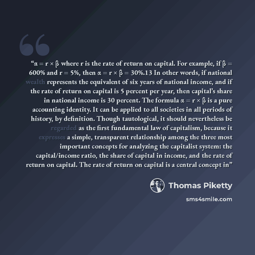 “α = r × β where r is the rate of return on capital. For example, if β = 600% and r = 5%, then α = r × β = 30%.13 In other words, if national wealth represents the equivalent of six years of national income, and if the rate of return on capital is 5 percent per year, then capital’s share in…” quote by Thomas Piketty