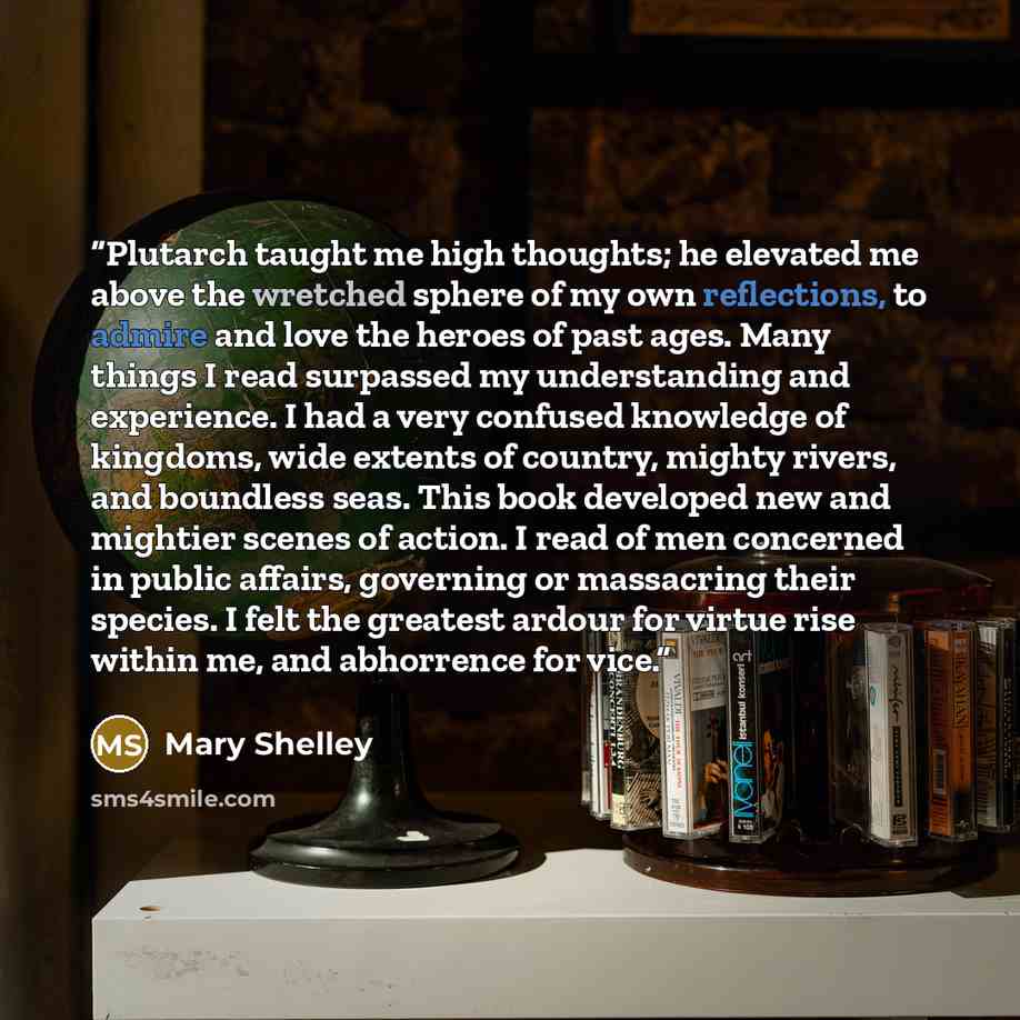 “Plutarch taught me high thoughts; he elevated me above the wretched sphere of my own reflections, to admire and love the heroes of past ages. Many things I read surpassed my understanding and experience. I had a very confused knowledge of kingdoms, wide extents of country, mighty rivers, and…” quote by Mary Shelley