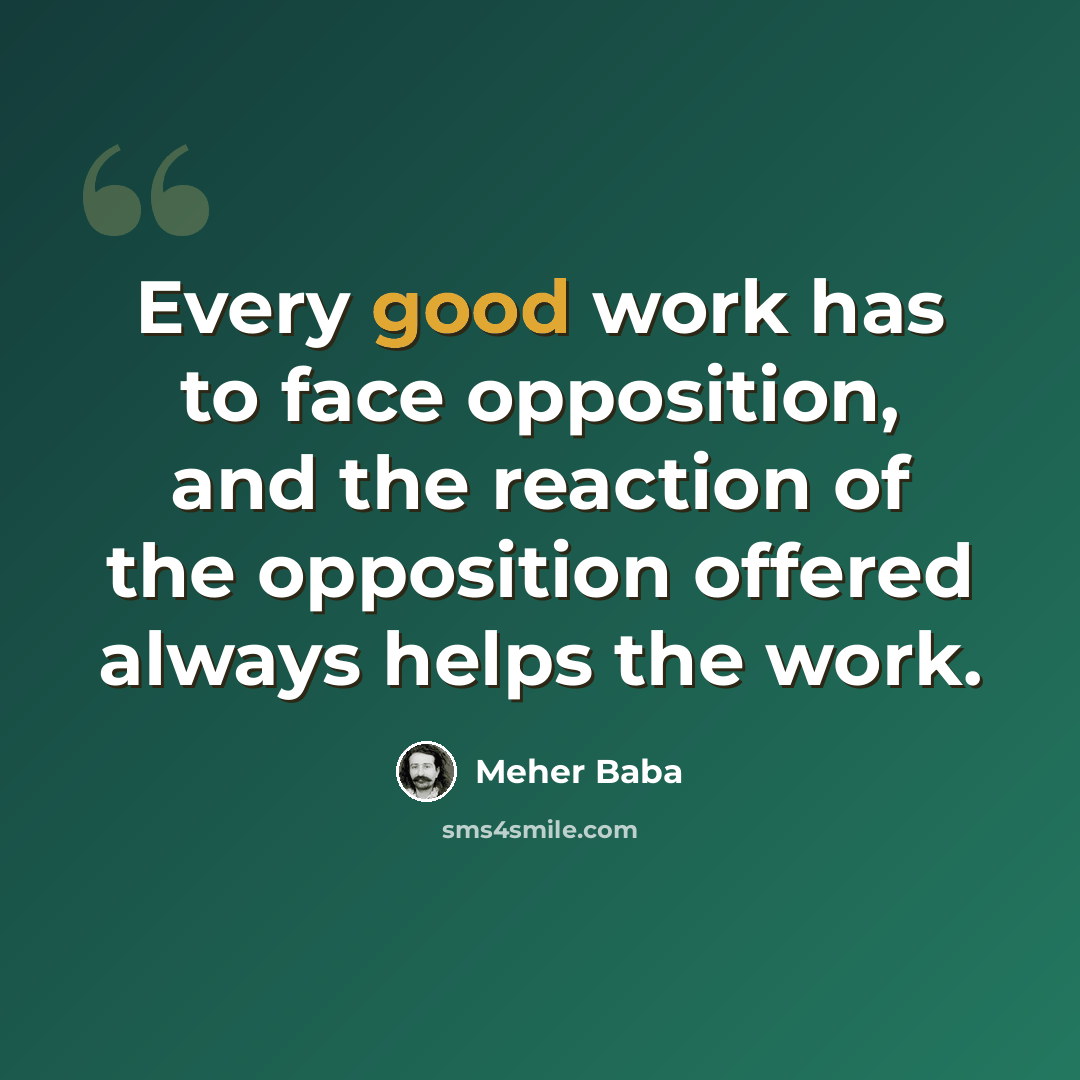 “Every good work has to face opposition, and the reaction of the opposition offered always helps the work.” quote by Meher Baba