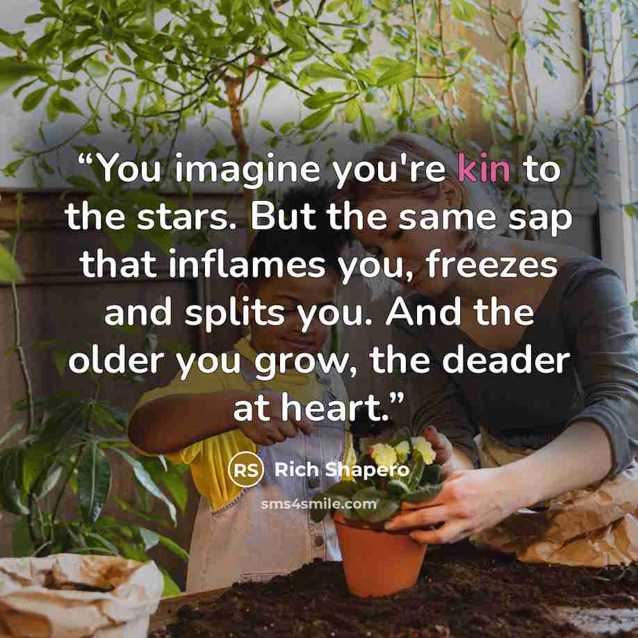 “You imagine you're kin to the stars. But the same sap that inflames you, freezes and splits you. And the older you grow, the deader at heart.” quote by Rich Shapero