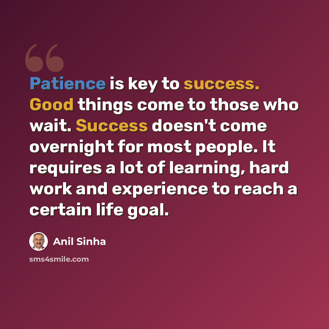 “Patience is key to success. Good things come to those who wait. Success doesn't come overnight for most people. It requires a lot of learning, hard work and experience to reach a certain life goal.” quote by Anil Sinha