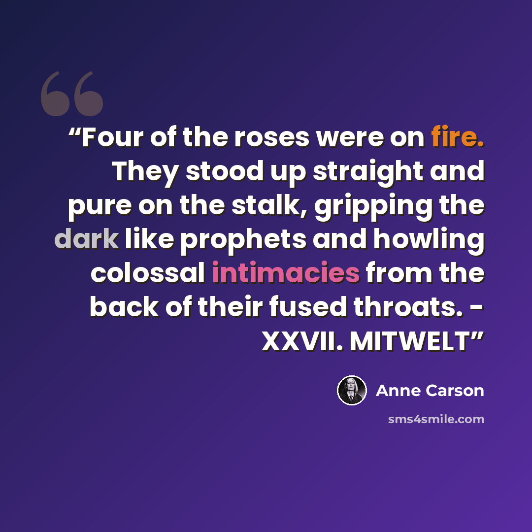 “Four of the roses were on fire. They stood up straight and pure on the stalk, gripping the dark like prophets and howling colossal intimacies from the back of their fused throats. - XXVII. MITWELT” quote by Anne Carson