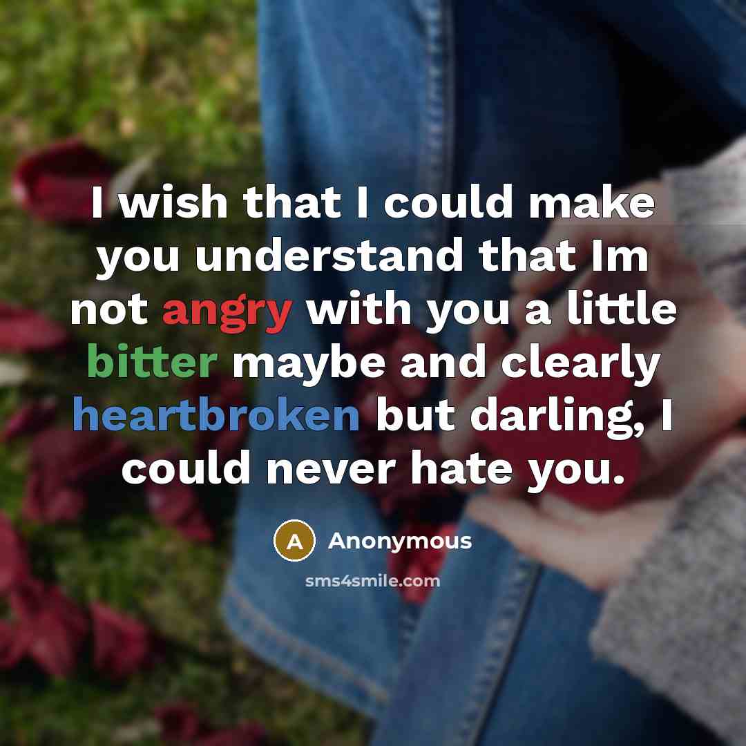 “I wish that I could make you understand that Im not angry with you a little bitter maybe and clearly heartbroken but darling, I could never hate you.” quote by Anonymous