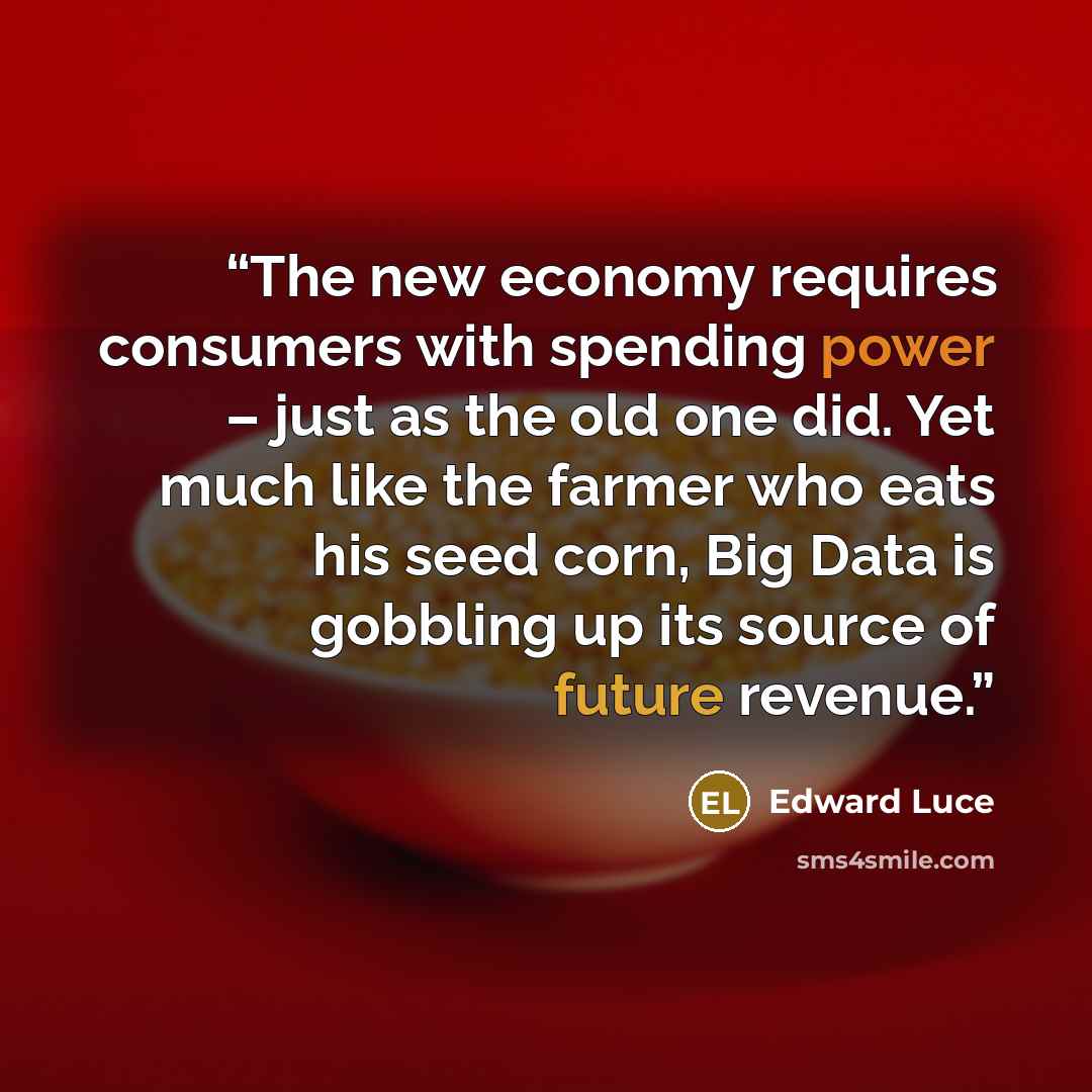 “The new economy requires consumers with spending power – just as the old one did. Yet much like the farmer who eats his seed corn, Big Data is gobbling up its source of future revenue.” quote by Edward Luce