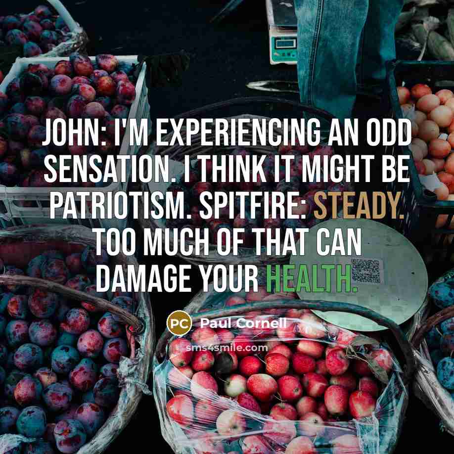 “John: I'm experiencing an odd sensation. I think it might be patriotism. Spitfire: Steady. Too much of that can damage your health.” quote by Paul Cornell