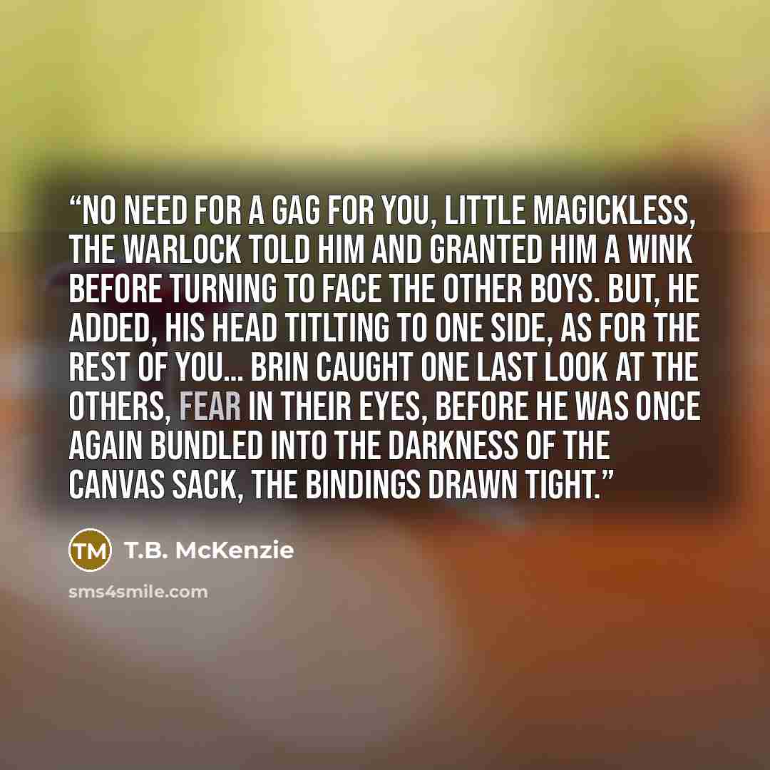 “No need for a gag for you, little magickless, the Warlock told him and granted him a wink before turning to face the other boys. But, he added, his head titlting to one side, as for the rest of you… Brin caught one last look at the others, fear in their eyes, before he was once again bundled into…” quote by T.B. McKenzie