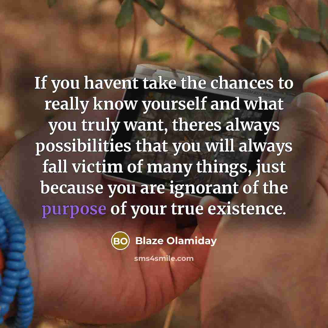“If you havent take the chances to really know yourself and what you truly want, theres always possibilities that you will always fall victim of many things, just because you are ignorant of the purpose of your true existence.” quote by Blaze Olamiday